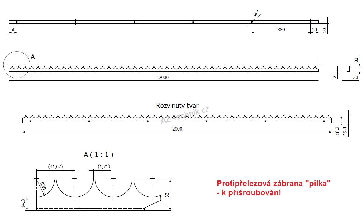 Ochranný hřeben proti přelezení - ohýbaný, nerezový
