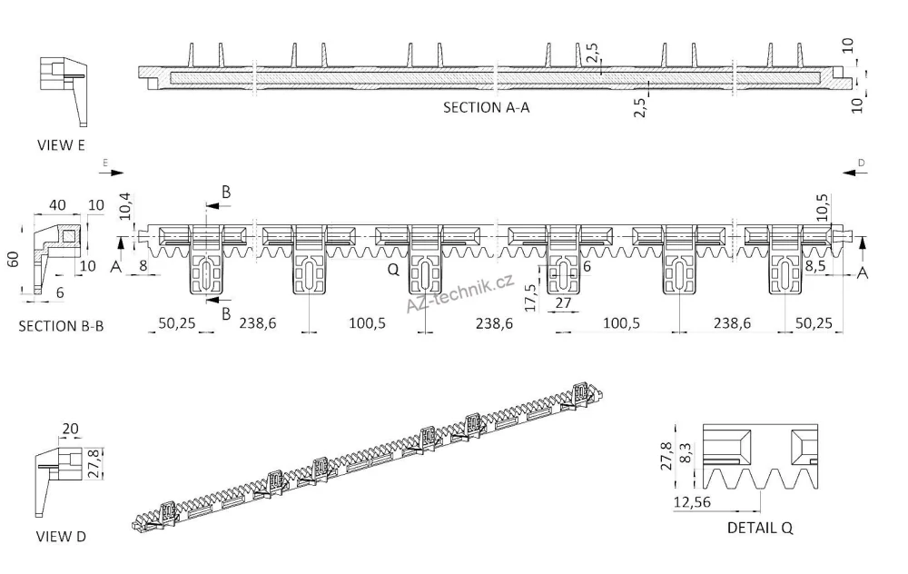 Hřeben ozubený 100cm s ocelovým jádrem a spojovacím materiálem